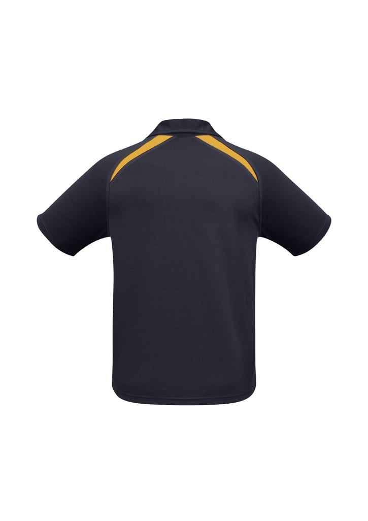 A navy blue kids' short sleeve polo shirt with yellow accents and a logo on the back.