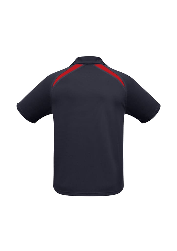 A short sleeve polo shirt in navy blue with red accents and a logo on the back.