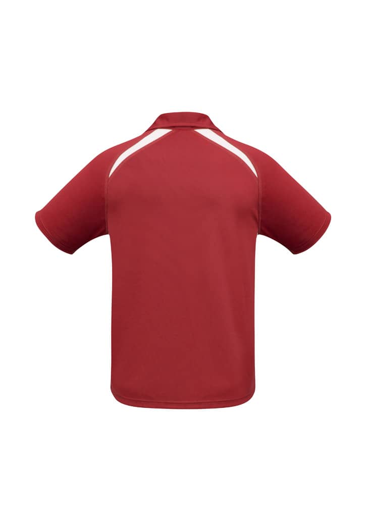 A red short sleeve polo shirt featuring white accents and a logo. Suitable for kids.
