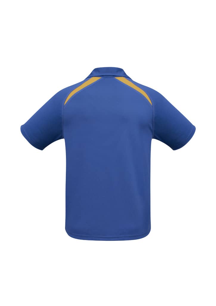 A blue polo shirt with short sleeves and yellow accents, featuring a logo on the back.