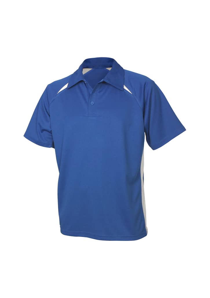 A blue short sleeve polo shirt with white detailing and a logo on the chest area.