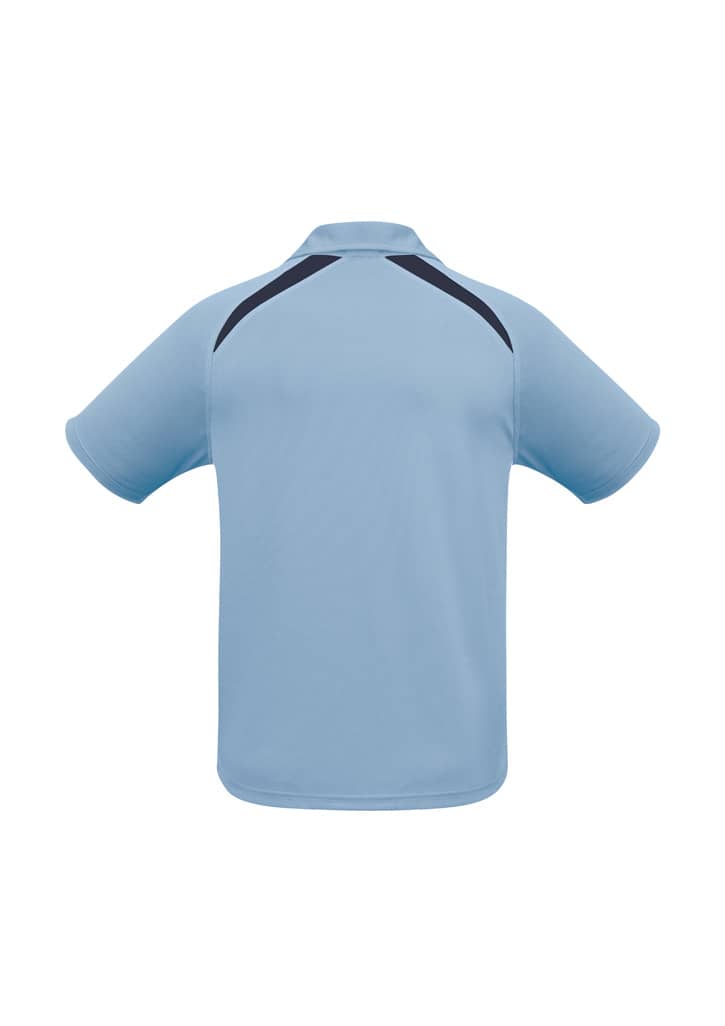 A short sleeve polo shirt in light blue with dark blue accents and a logo on the back.