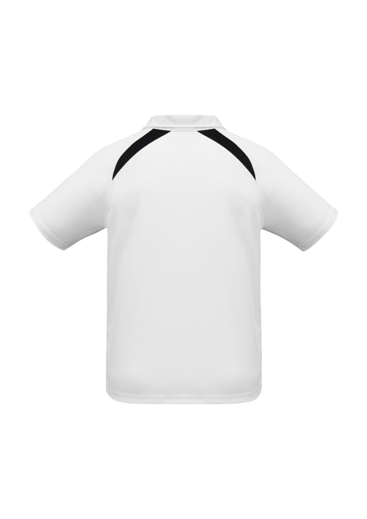 A white short sleeve polo shirt featuring black accents and a logo. Ideal for children's wear.