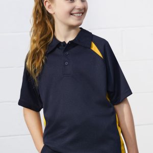 A kids' short sleeve polo shirt in navy blue with yellow accents, featuring a logo on the chest.