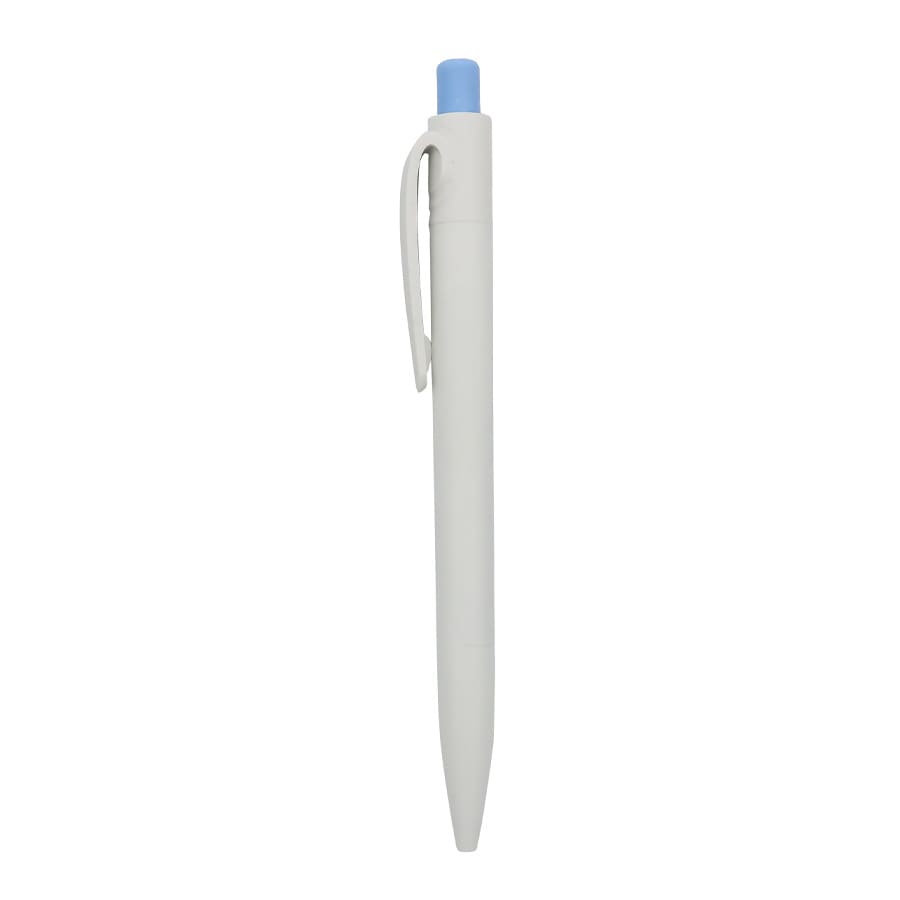 A white plastic pen with a light blue cap and a clip. The pen has a smooth, streamlined design.