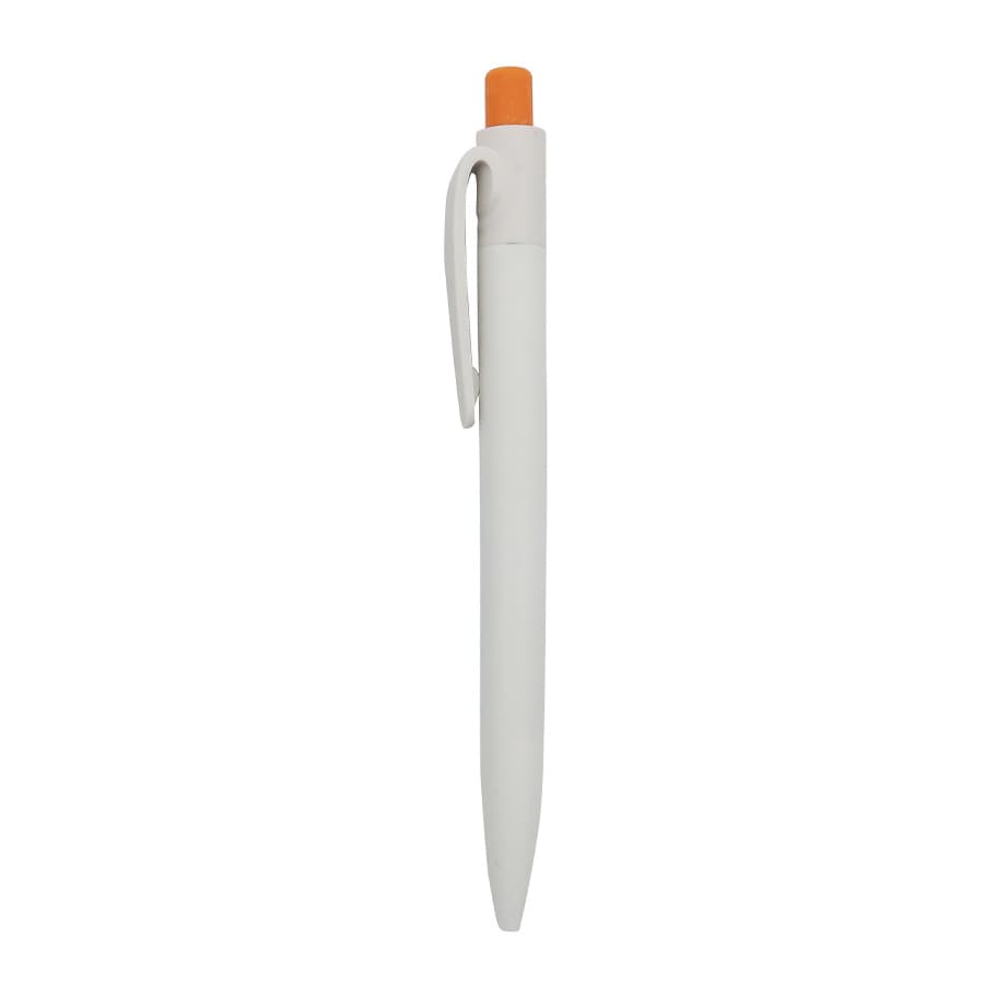 A white plastic pen with an orange tip and a clip, featuring a logo.