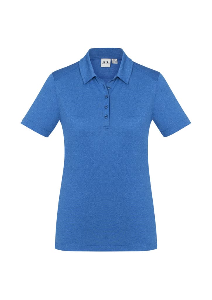 A women's short sleeve polo shirt in a vibrant blue colour, featuring a collar and buttons, with a logo on the fabric.