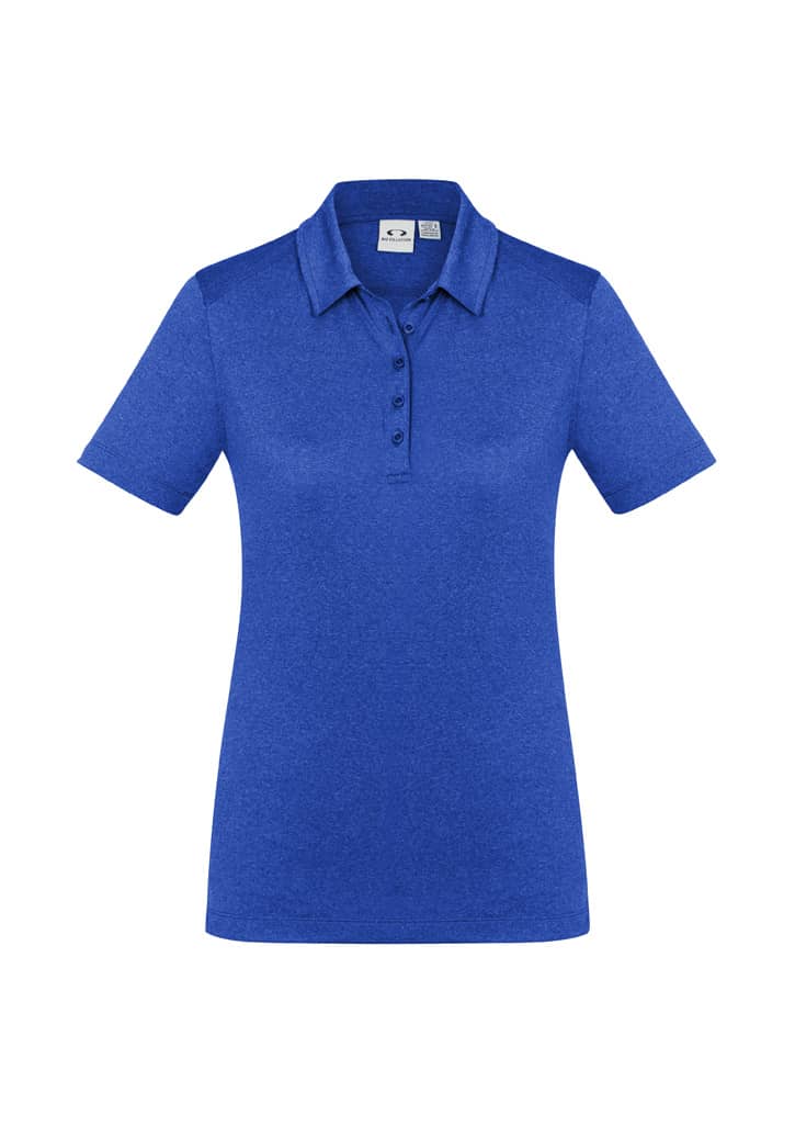 A blue women's short sleeve polo shirt with a collar and buttons, featuring a logo on the chest.