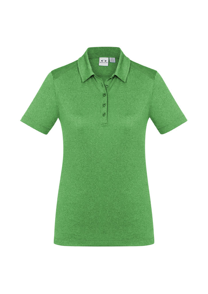 A green women's short sleeve polo shirt featuring a collar, three buttons, and a logo.