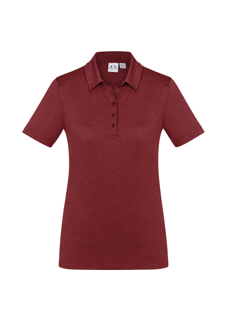 A women's short sleeve polo shirt in a deep red colour with a collared neckline and buttons. Features a logo.