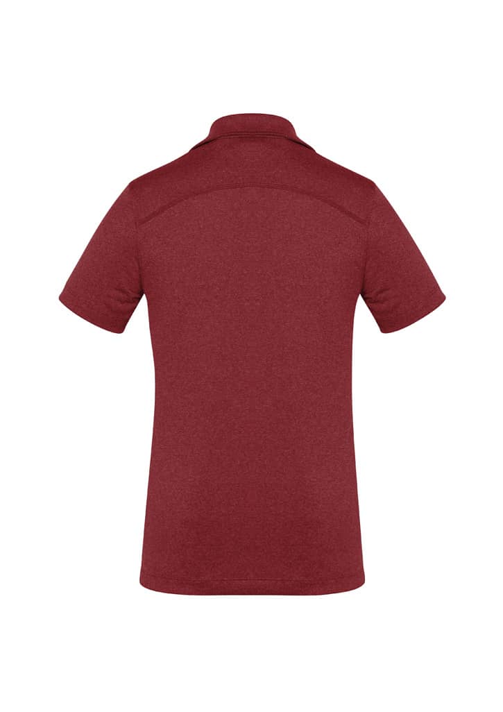 A burgundy women's short sleeve polo shirt with a collar and no visible logos.