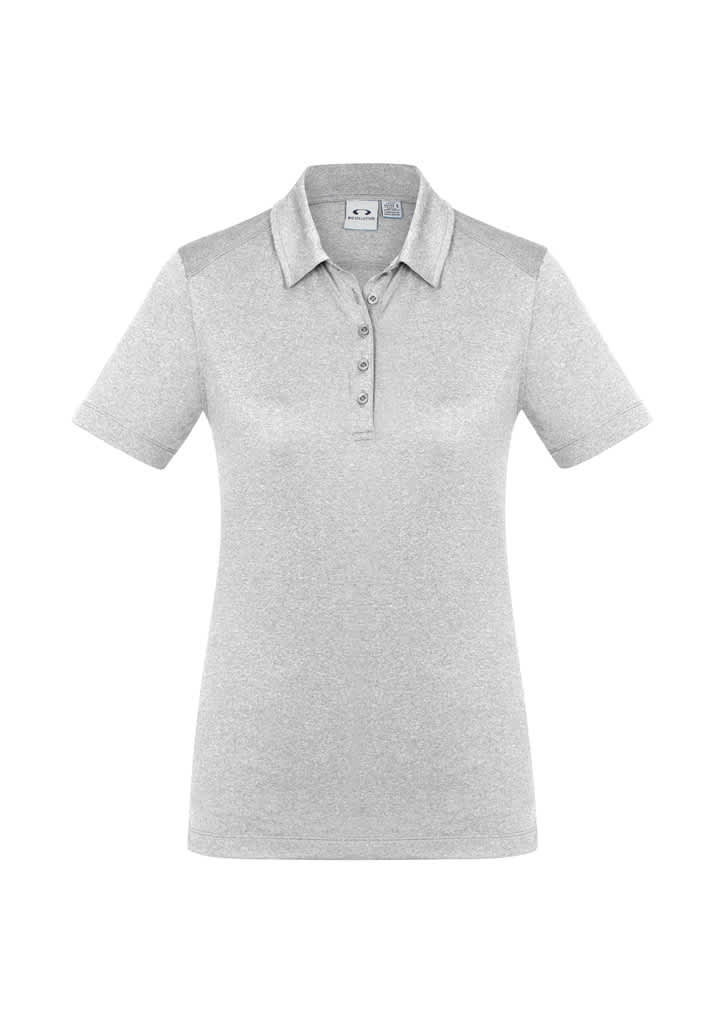 A women's short sleeve polo shirt in light grey, featuring a collar and a logo on the front.