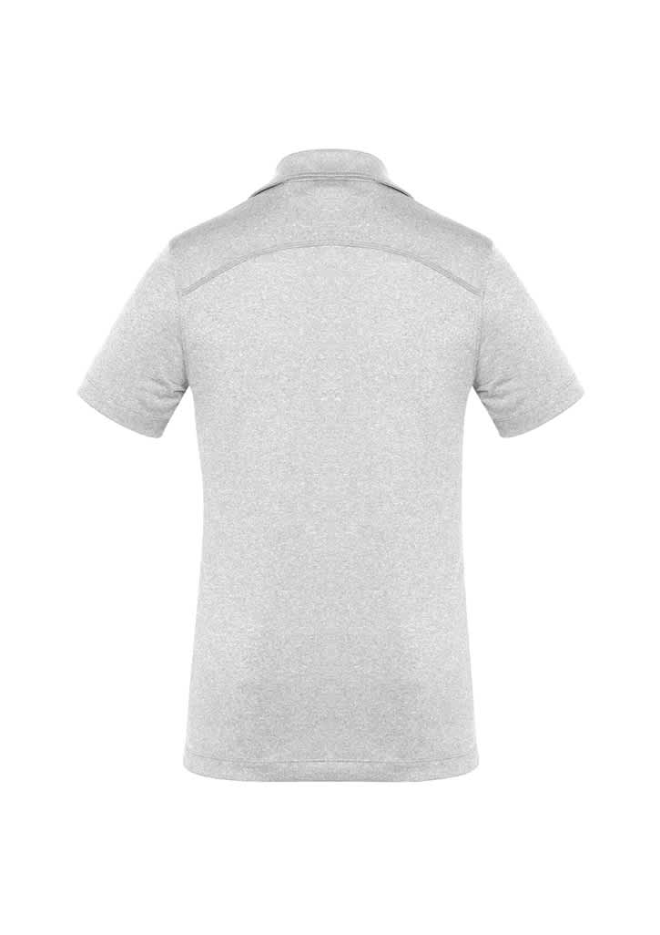 A grey women's short sleeve polo shirt with a classic collar, featuring a logo on the back.