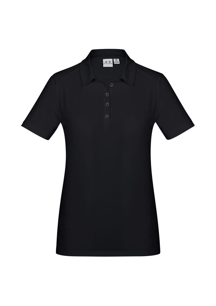 A black women's short sleeve polo shirt with a collar and a branded logo on the front.