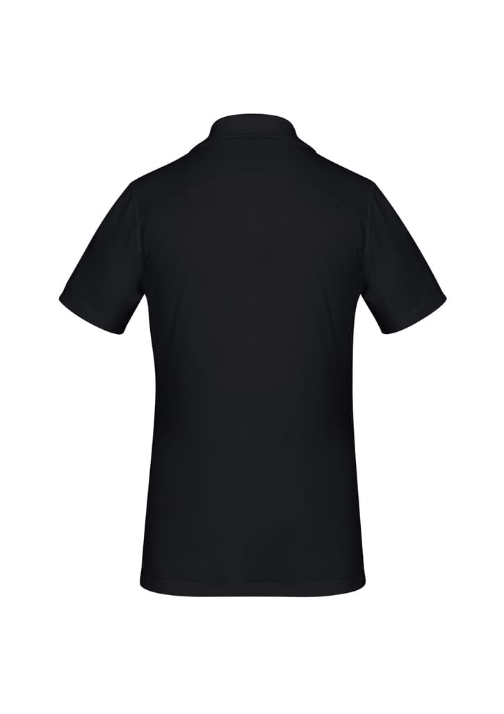 A black women's short sleeve polo shirt with a classic collar and a logo on the back.