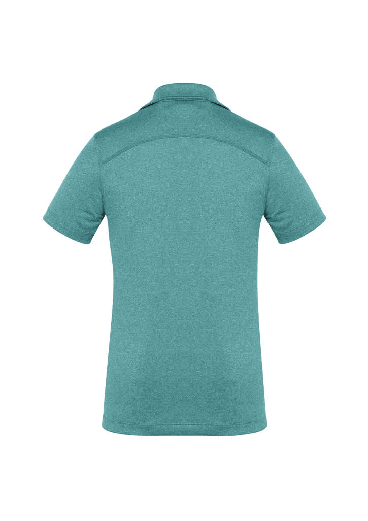 A teal women's short sleeve polo shirt featuring a classic collar and a logo. The back view showcases its sleek design.