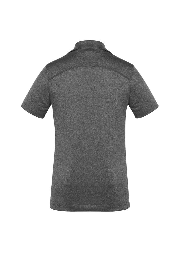A dark grey women's short sleeve polo shirt with a collared neck and a subtle textured design. Features a logo.