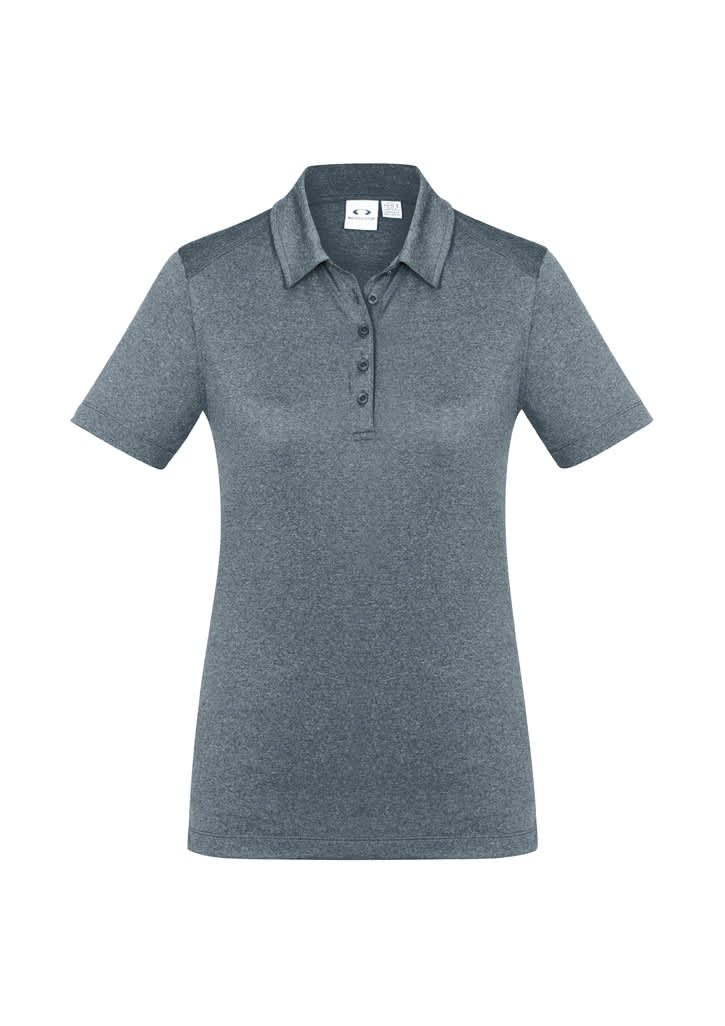 A women's short sleeve polo shirt in a dark teal colour with a collar and a button placket. Branding is visible.