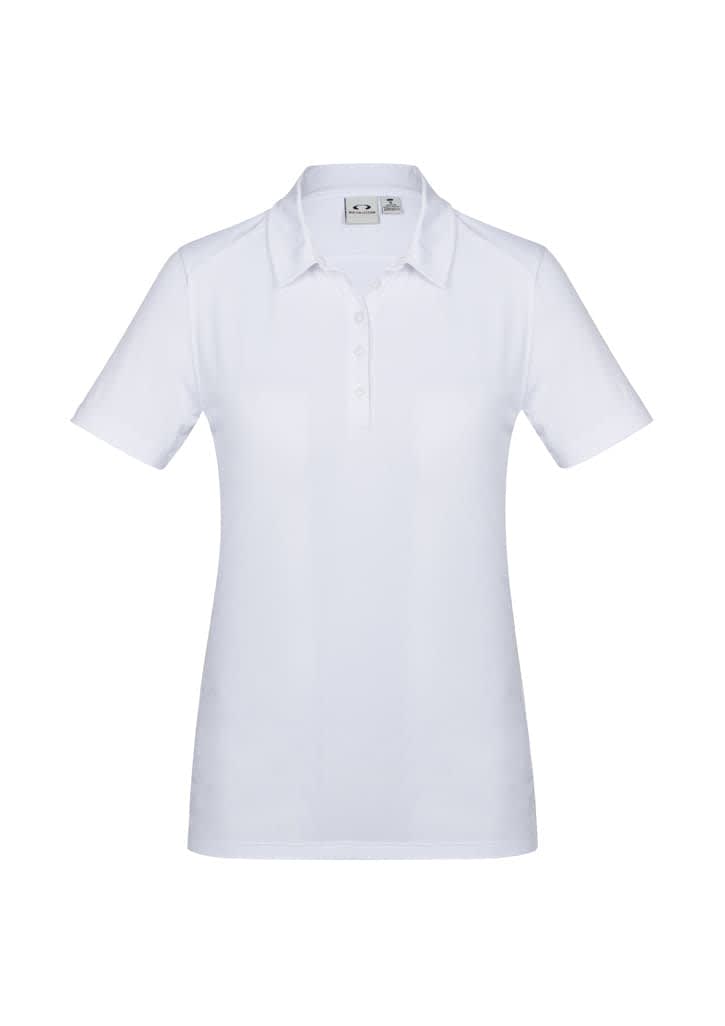 A white women's short sleeve polo shirt, featuring a front button placket and a logo on the chest.