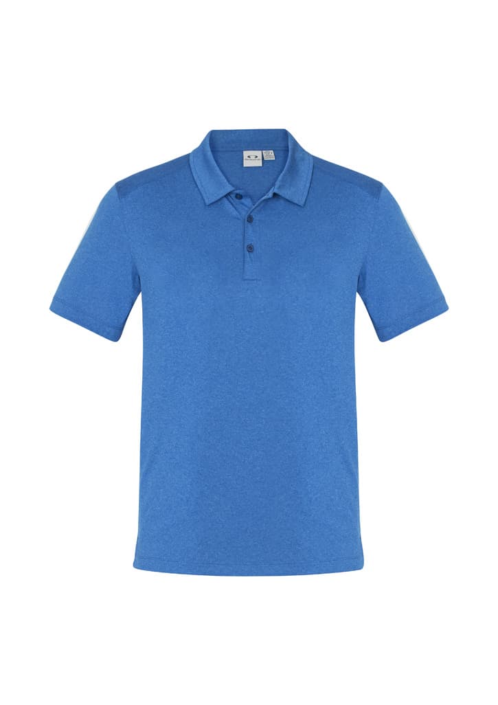 A blue short sleeve polo shirt with a collar and a logo on the chest.