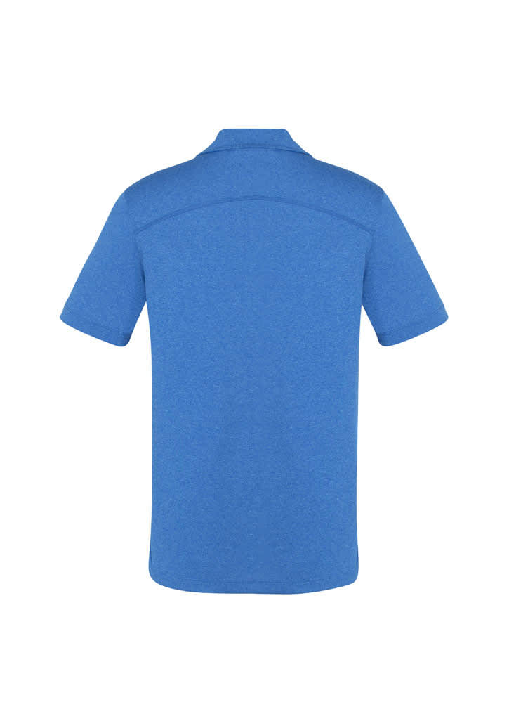 A blue short sleeve polo shirt with a collar and a back seam design. Includes a logo on the front.