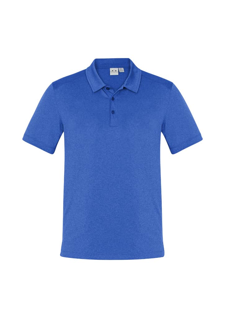 A blue short sleeve polo shirt featuring a collar and a branding logo.