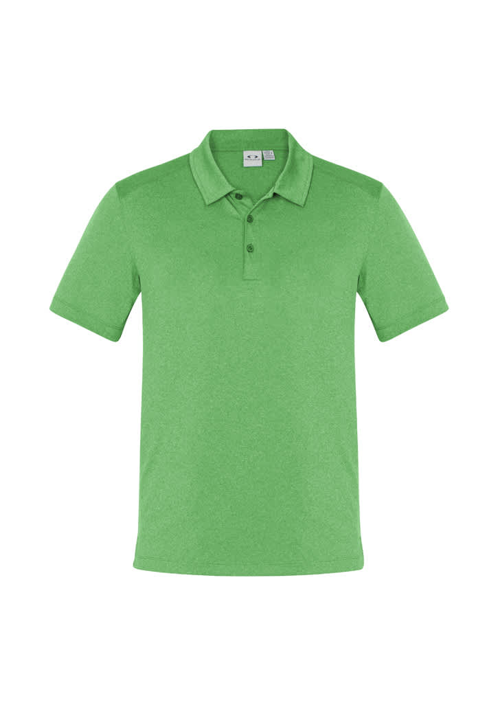 A green short sleeve polo shirt with a collar and a logo on the chest.