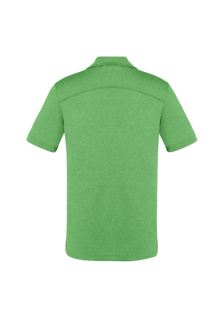 A green men's short sleeve polo shirt with a collar and back yoke detail. It features a branding logo.