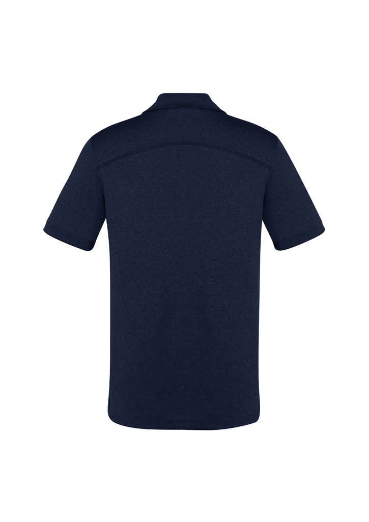 A navy short sleeve polo shirt with a classic collar and a logo on the back.