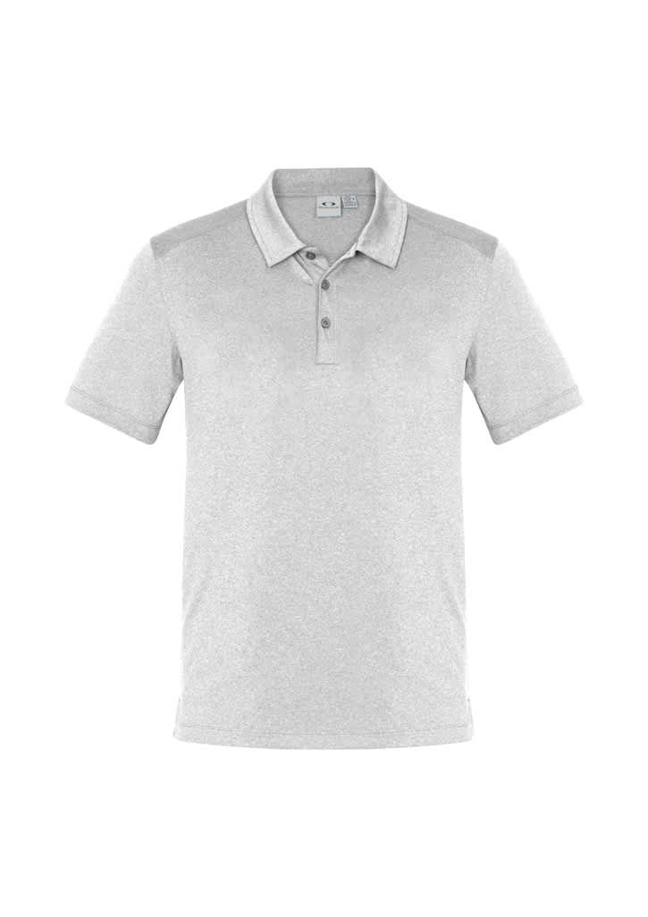 A light grey short sleeve polo shirt with a collar and a logo on the chest.