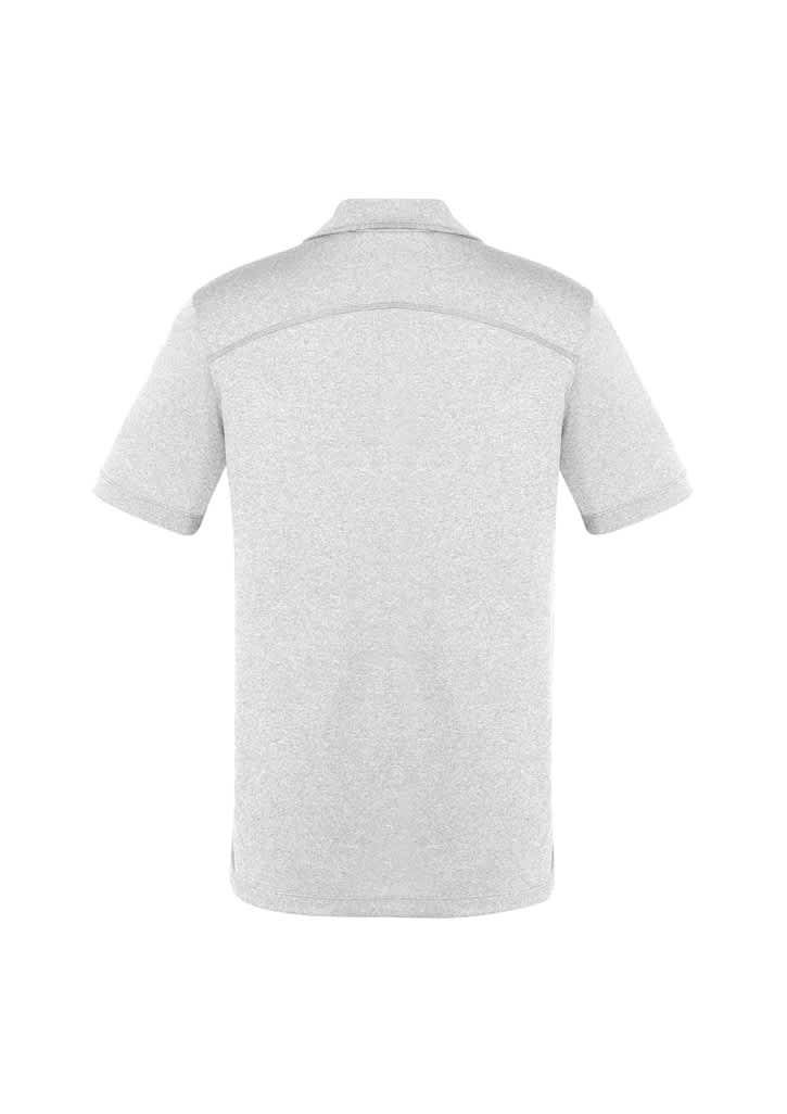 A short sleeve polo shirt in light grey with a smooth texture and a logo on the back.