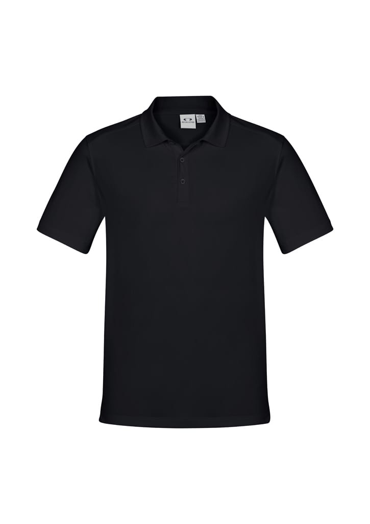 A black men's short sleeve polo shirt with a collar and a logo.