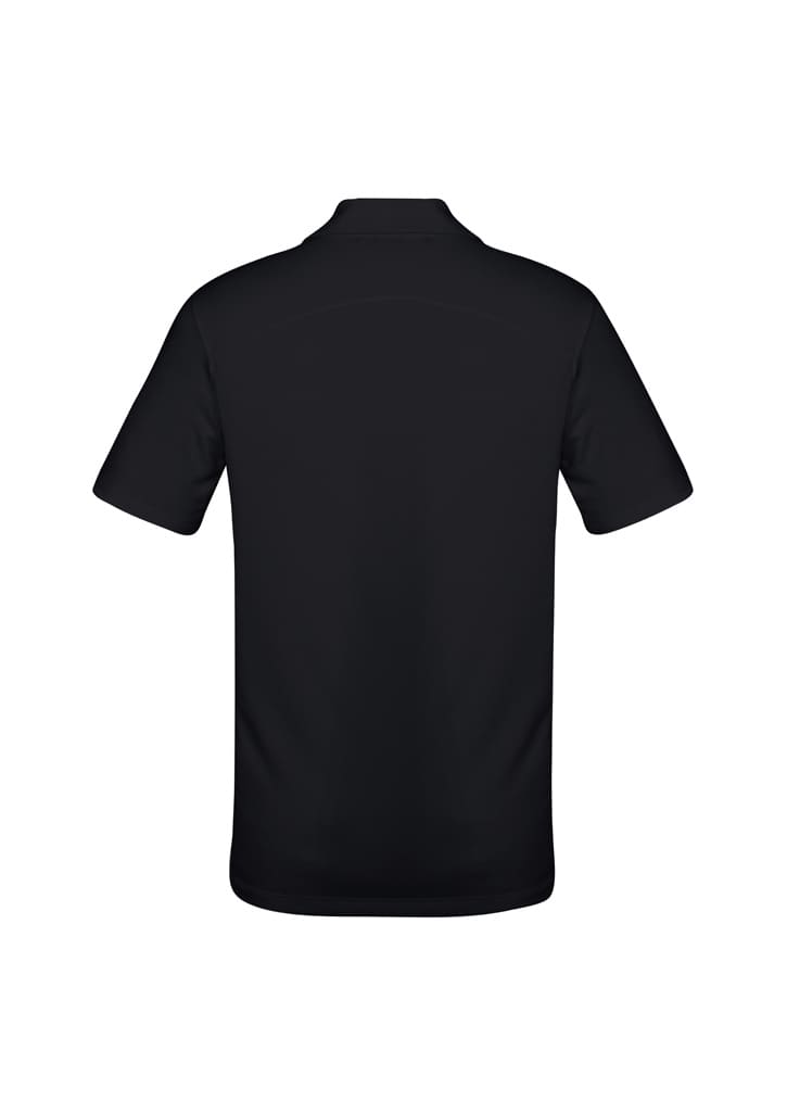 A black men's Aero short sleeve polo shirt with a collar and a logo. The back view is displayed.