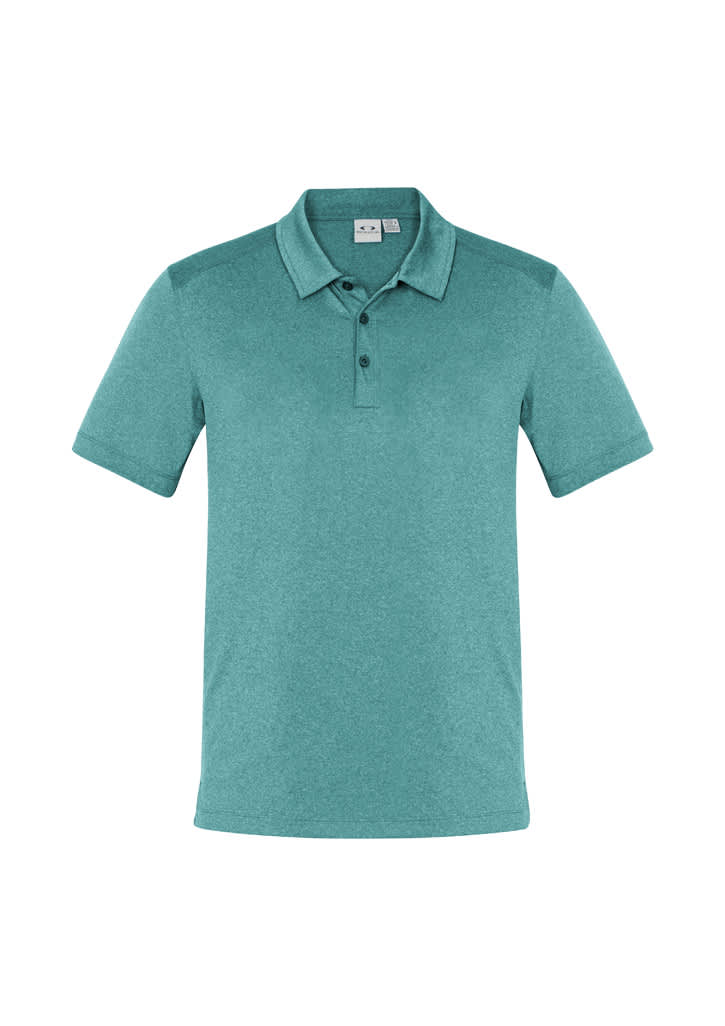 A teal short sleeve polo shirt with a collar and branded logo.