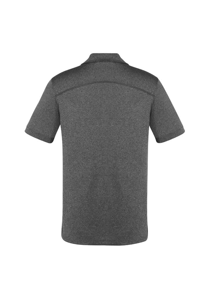 A grey short sleeve polo shirt featuring a subtle texture and a branded logo on the back.