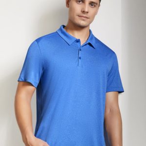 A blue short sleeve polo shirt with a collar and a logo, featured on a model against a light background.