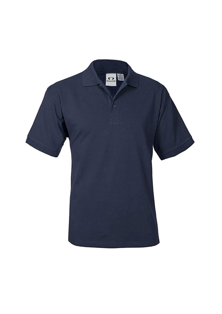 A navy short sleeve polo shirt featuring a collar and a branded label.