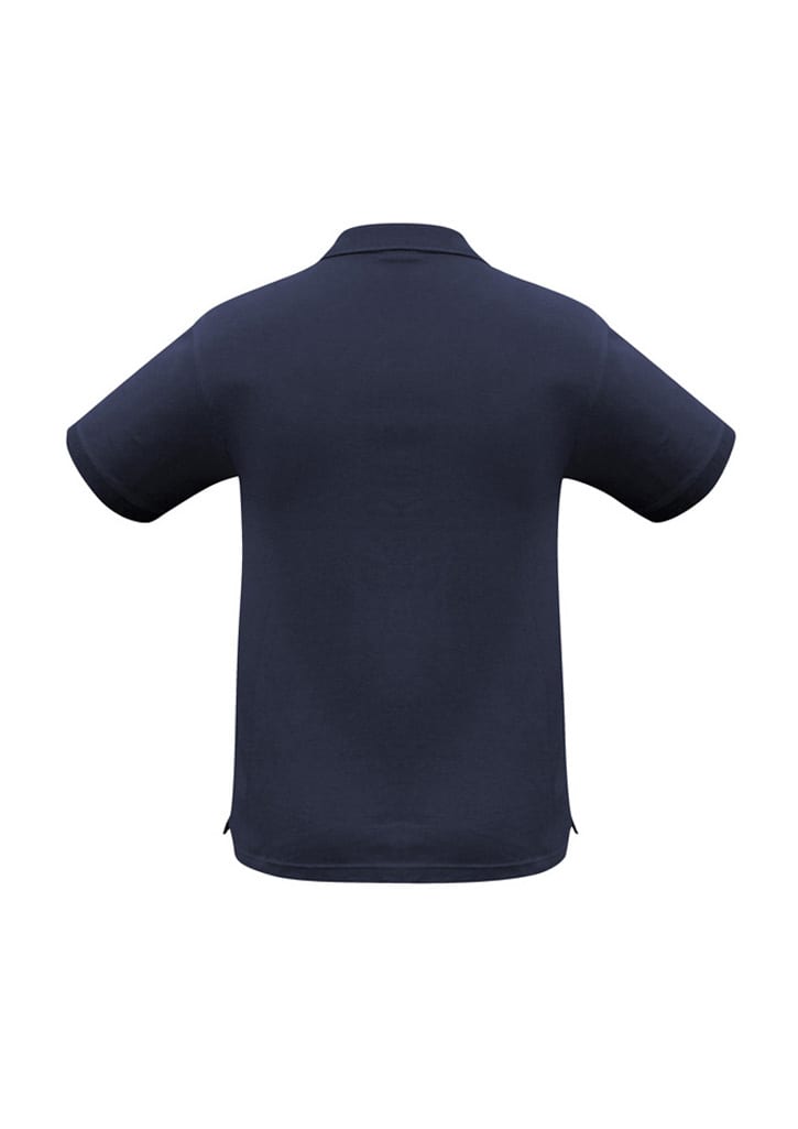 A navy blue short sleeve polo shirt with a collar, featuring a logo on the chest area.