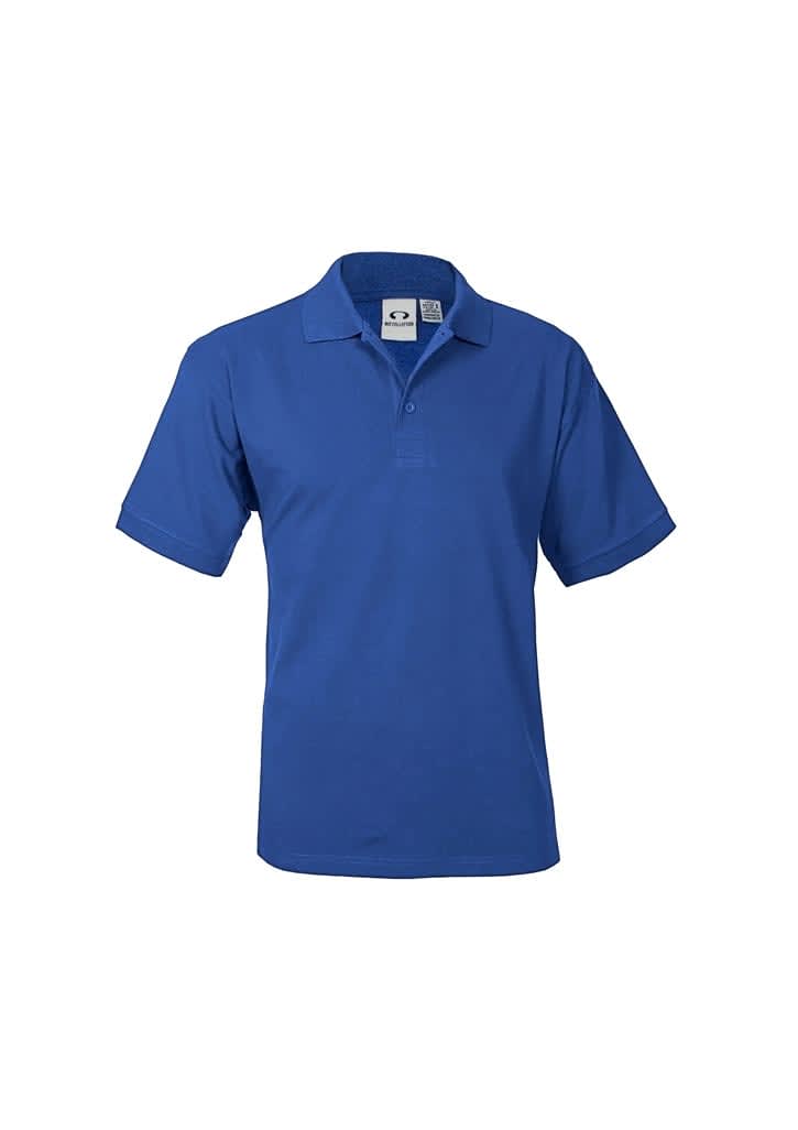 A blue short sleeve polo shirt with a collar and branding on the left side.