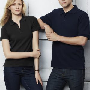 A black short sleeve polo shirt worn by a woman and a navy short sleeve polo shirt worn by a man, both with logos.