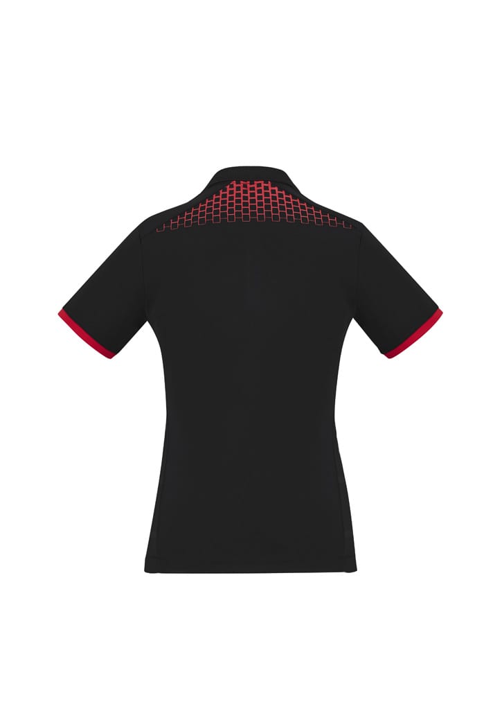 A black women's polo shirt featuring short sleeves and a grid pattern detail in red on the back.