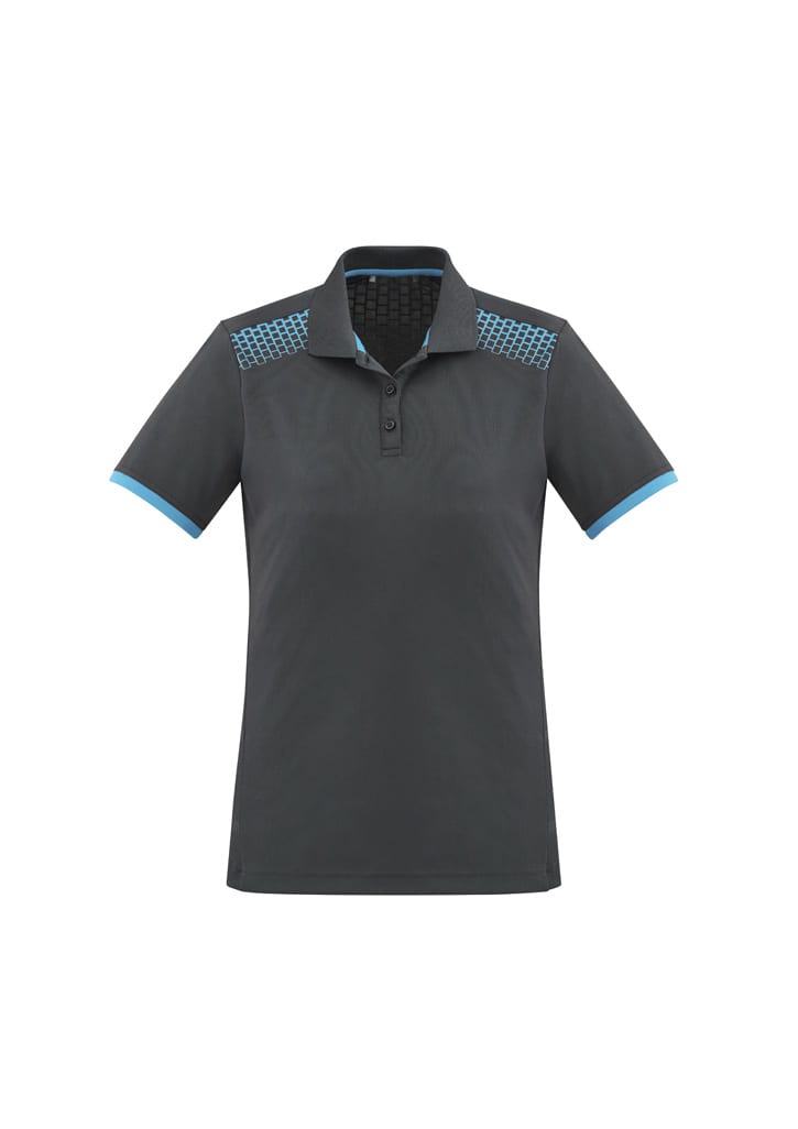A women's short sleeve polo shirt in dark grey with blue accents and a patterned yoke. It features a logo.