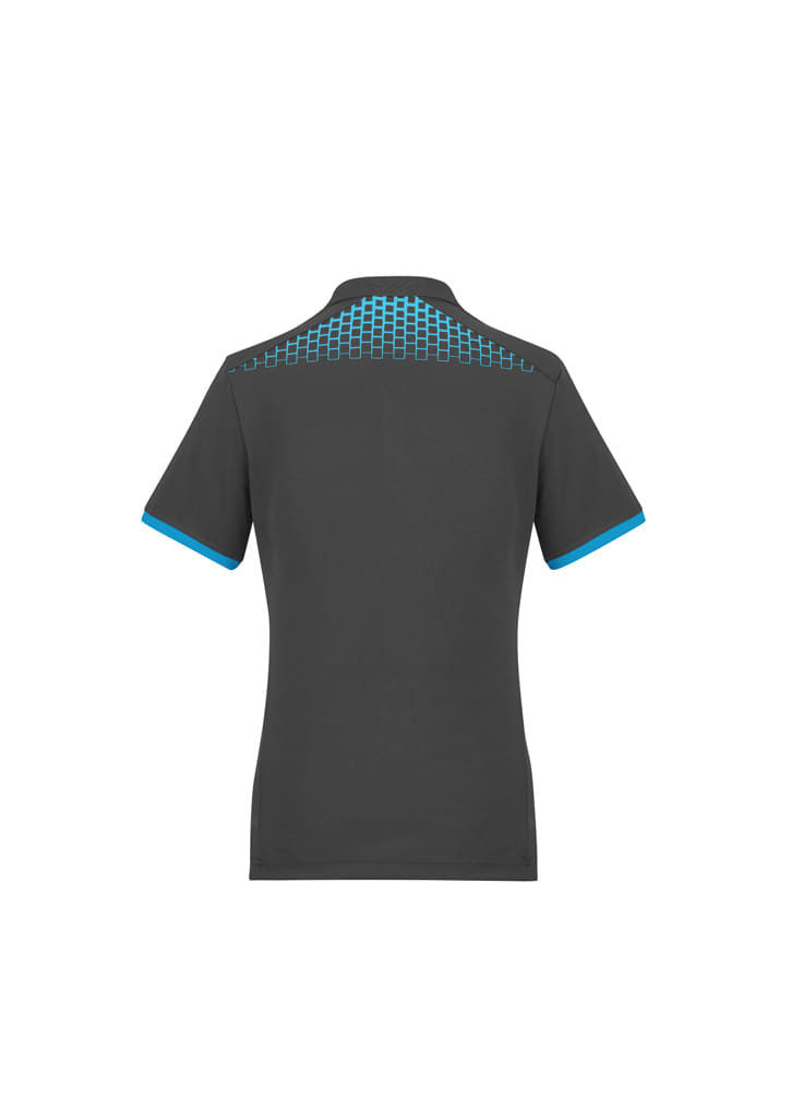 A black women's polo shirt featuring a blue grid pattern on the back and blue accents on the sleeves.