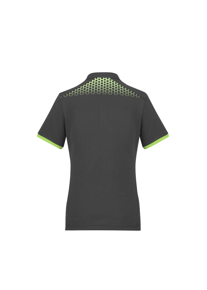 A dark grey women's polo shirt featuring a green geometric design on the back and a logo on the chest.