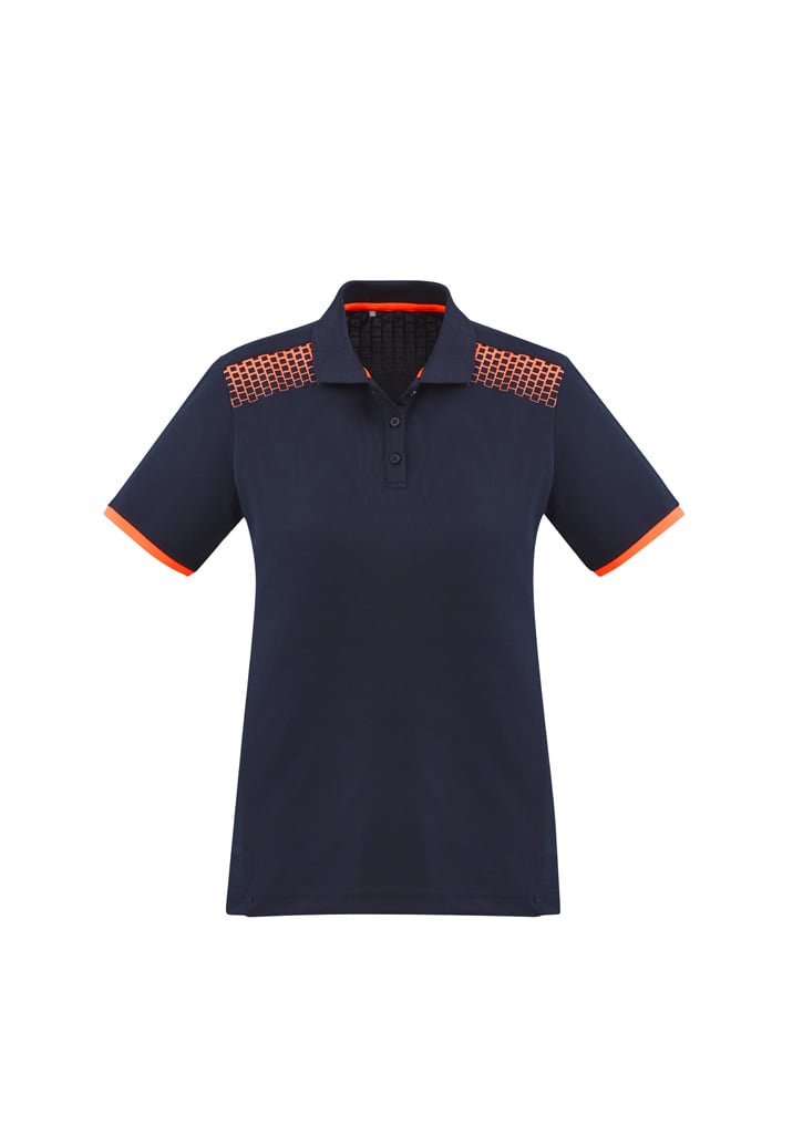 A navy women's polo shirt with orange accents and a patterned design on the shoulders. Features a collar and short sleeves.