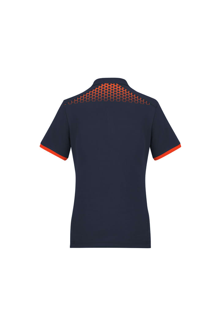 A navy women's polo shirt with short sleeves and an orange patterned design on the back. It features a logo.