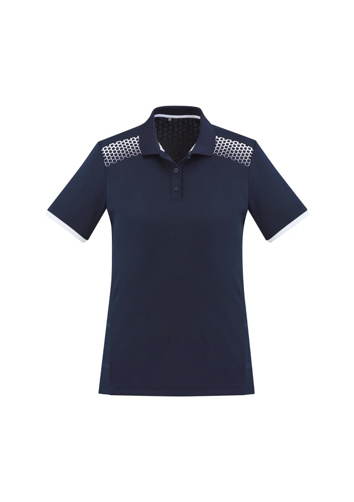 A navy women's polo shirt with short sleeves and a patterned yoke, featuring contrasting white accents and a logo.