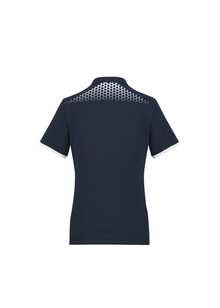 A navy women's short sleeve polo shirt featuring a patterned design at the back, with white detailing on the sleeves.