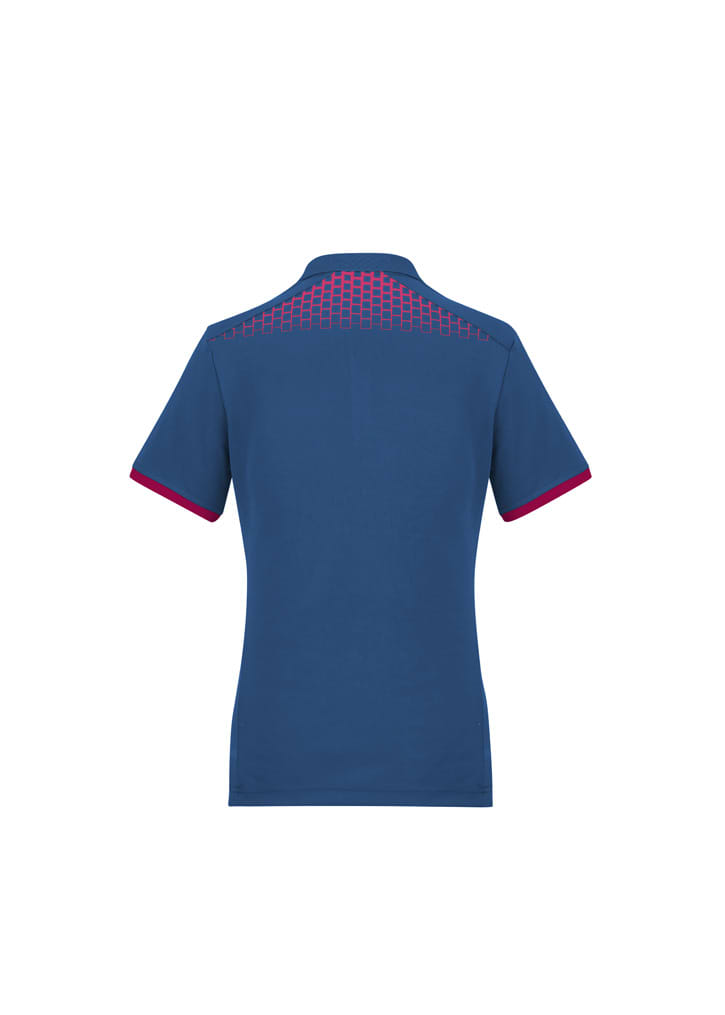 A women's short sleeve polo shirt in blue with a patterned back and maroon accents. It features a logo.