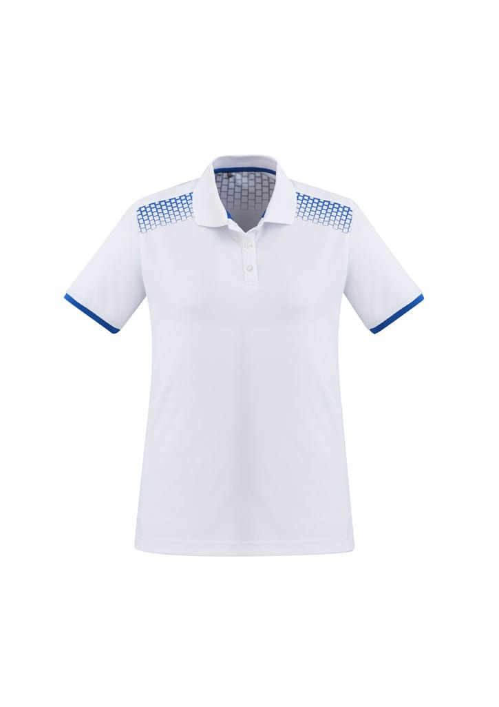 A white short sleeve polo shirt featuring a blue patterned design on the shoulders and contrasting blue accents.
